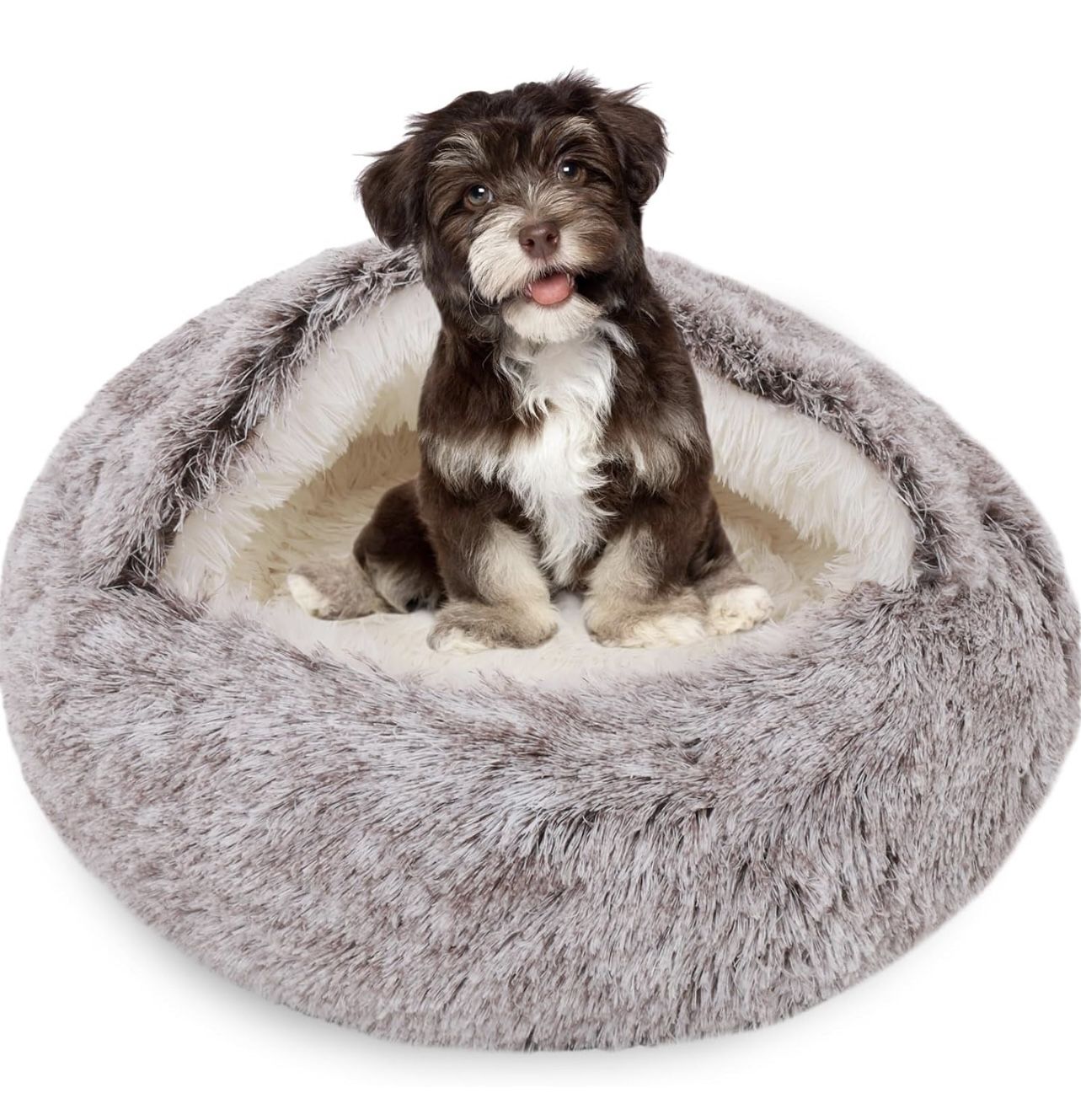 Round Dog & Cat Cave Bed with Hooded Cover, Pet Bed Hooded Plush Dog Bed Cave, Faux Fur Cuddler Comfortable Self Warming Pet Bed, Removable Washable S