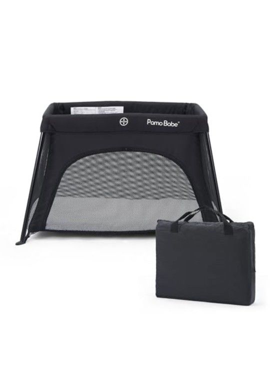 Pamo Babe Mini Travel Crib - Lightweight Baby Playard with Zip Door, Portable & Easy to Carry grey