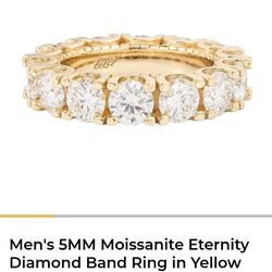 Men's 5MM Moissanite Eternity Diamond Band Ring in Yellow Gold Vermeil