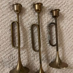 Set of 3 Brass Trumpet Candlesticks