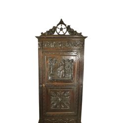 19c Antique French Breton Carved Wood Figural Canoter Armoire Wardrobe