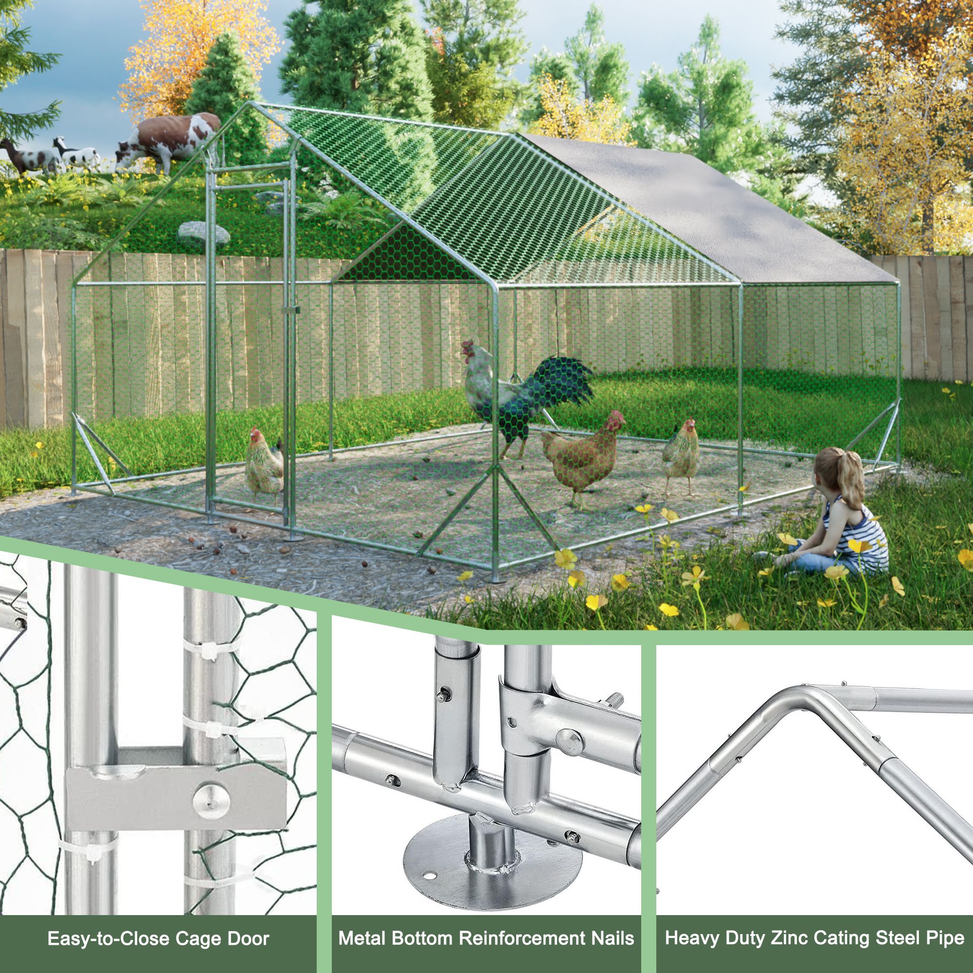 Large Metal Chicken Coop, Walk-in Chicken Run,Galvanized Wire Poultry Chicken Hen Pen Cage, Rabbits Duck Cages with Waterproof and Anti-Ultraviolet Co