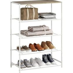 5 Tier Shoe Rack, Entryway Table Top Shelf, Holds 12 Pairs Of Shoes, White Oak