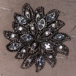 Vintage Floral Costume Brooch with Rhinestones & Silver-tone Rope Design