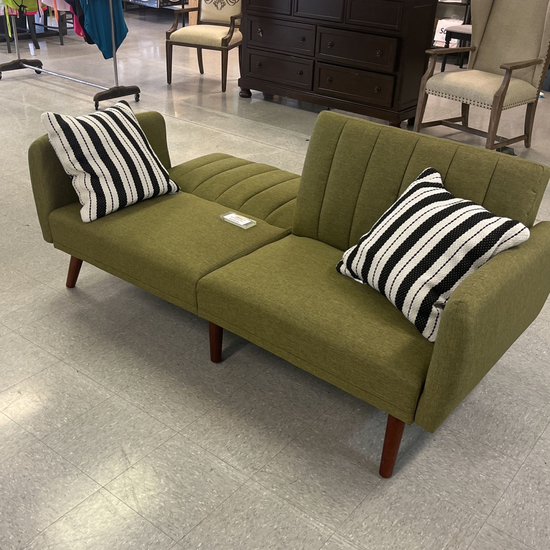 Green Fabric Sofa That Folds Open As A Sleeper. New.