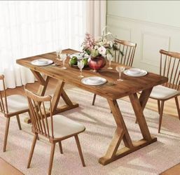 F2446 Solid Wood Dining Table for 4-6 People, 63 Inches Wooden Farmhouse Rectangular Kitchen Dinner Table with Heavy-Duty Legs for Home, Living Room, 