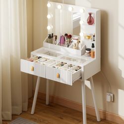 31.5" Fluted Dressing Table with Mirror Bulb Lights, Makeup Desk with 2 Drawers