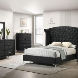 Brand New Black Velvet Queen Bedframe + Dresser + Mirror + Nightstand Set