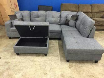 New / Grey linen sectional couch with storage Ottoman