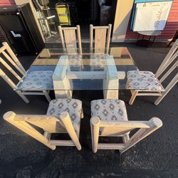 Glass Dining Table W/ 6 Vintage wood Chairs 