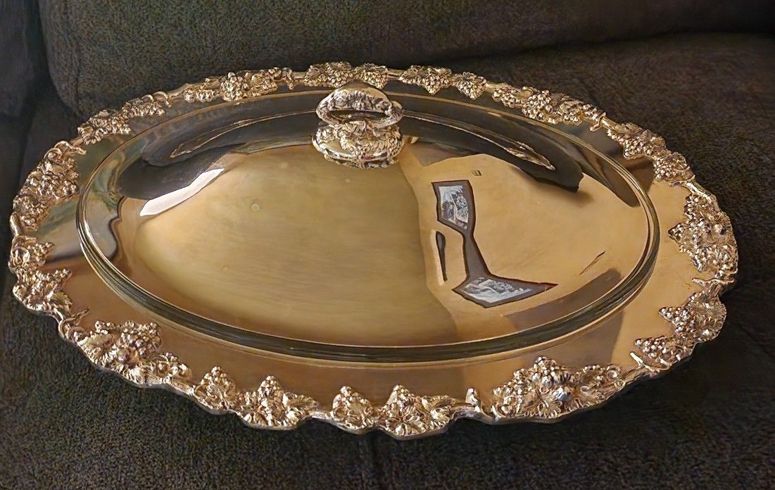 silver Serving platter with a lidded dish,by Towle. featuring an ornate rim with a floral or grapevine