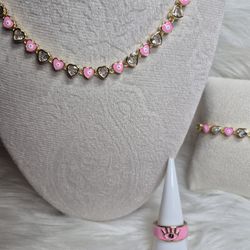 Beautiful SET Pink Tennis Necklace ,Pink Tennis Bracelet  and Ring Prices On Description 