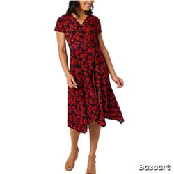 Sz XL Perceptions Stretch Short Sleeve Floral Midi Fit + Flare Dress NWT