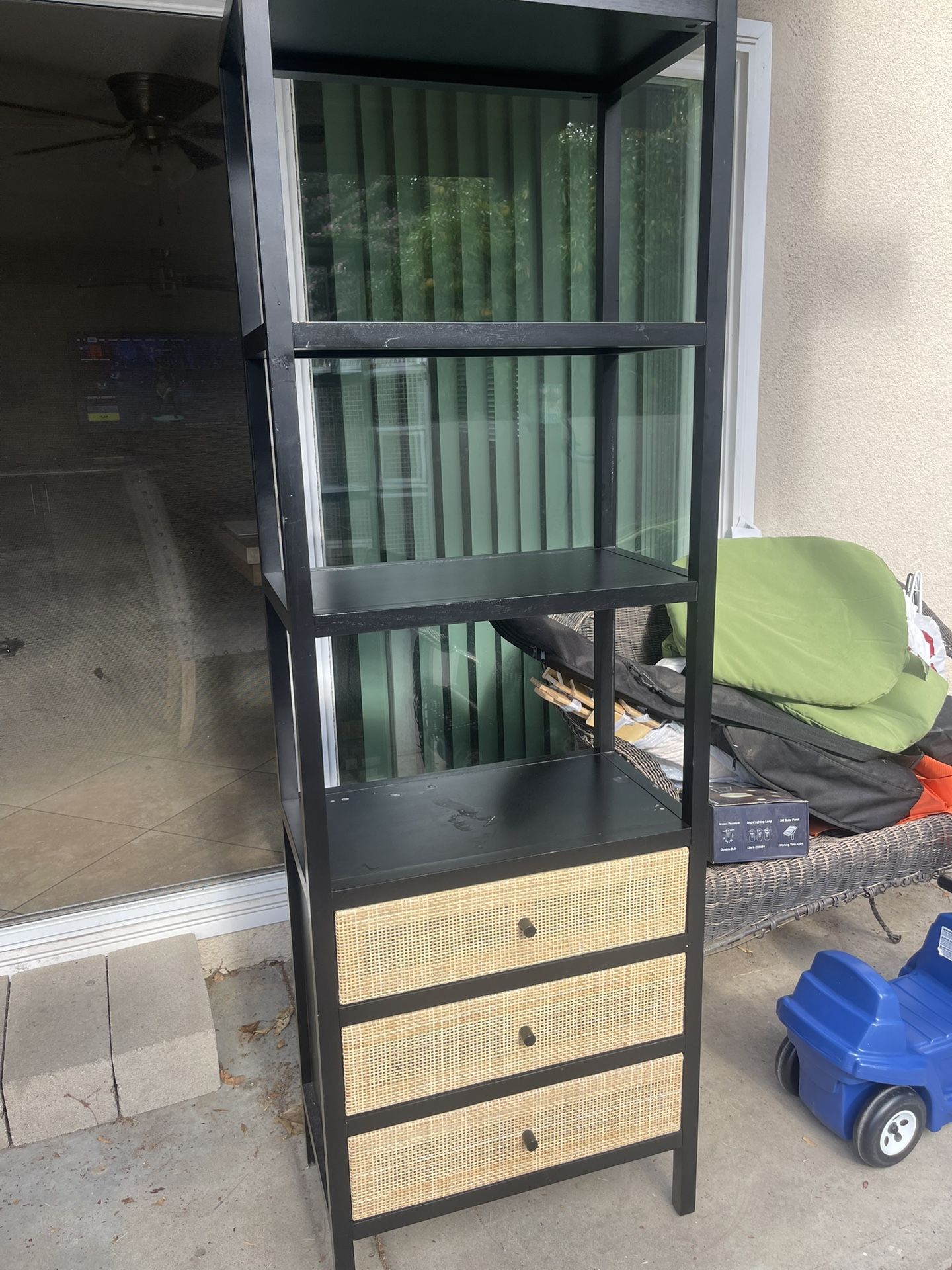 Modern Black & Rattan Bookshelf with 3 Drawers