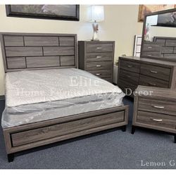 Queen Gray Bedroom Set ( Bed Frame, Dresser, Mirror And One Nightstand)