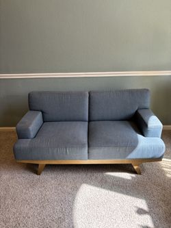 Mid Century Teal Wood Frame  Sofa