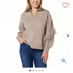 Democracy Long Blouson Sleeve Cascading Fringe Sweater Size M