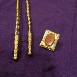Country & Western Oval Sandstone Gold Tone Bolo Tie Neck Leather Rodeo Heavy Aig