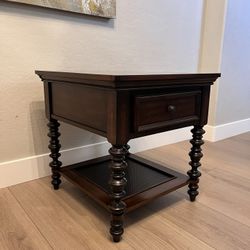 26” Tall Two Tier Solid Wood Grain End Table w/ Dovetail Drawer -Cane Shelf and Turned Legs
