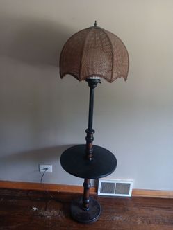 Vintage Mid Century Bohemian Floor Lamp Built in Circular Side table  woven cane Shade  over a white glass globe