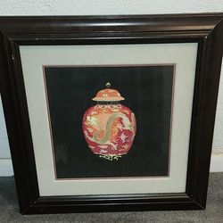 Framed Chinese Silk Embroidered Dragon On Red Ginger Jar