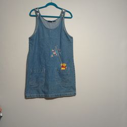 Ladies Size M - Disney Pooh Denim Dress With Button Shoulder Straps Embroidered Pooh And Piglet.