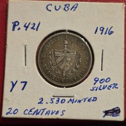 1916 Patria Y Libertad 20 Centavos Silver Coin 
