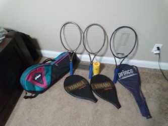 Prince racket and two Yamaha rackets with case and tennis ball saver