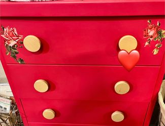 Red Painted 3-Drawer Dresser with Rose Decals