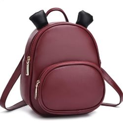 Cute Burgundy Backpack Bag for Women Small Size Shoulder Purse Faux Leather Casual Mini Backpacks Travel Bag
