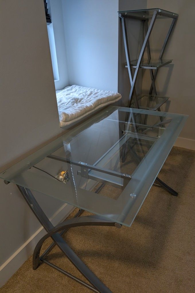 Glass Desk And Bookshelf 