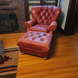 Dark Pink Leather Chair And ottoman 