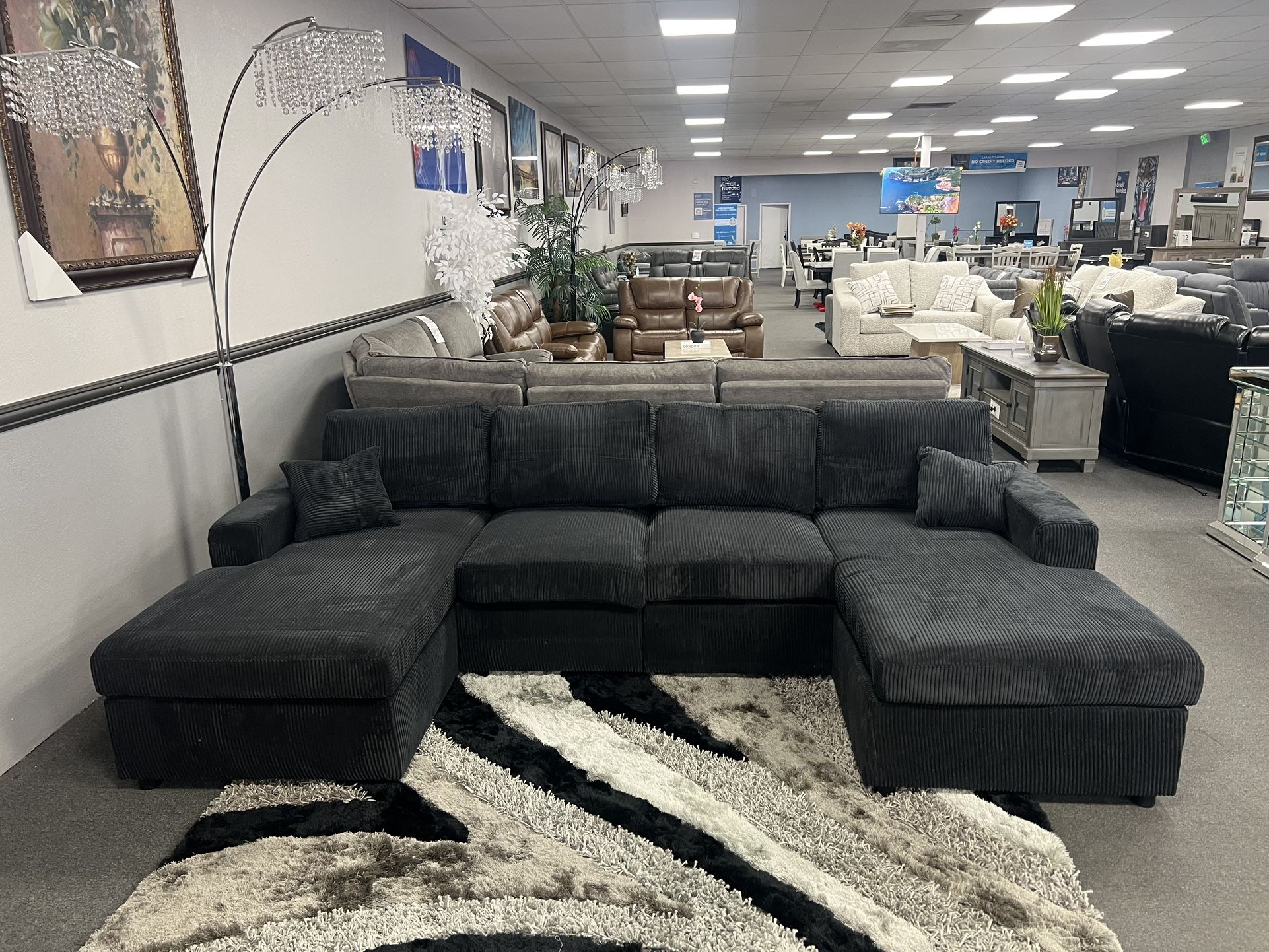 Black Corduroy Sofa Sectional w/ Double Chaise  