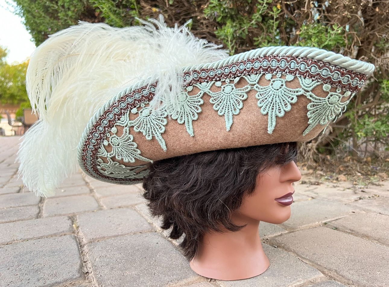 Pirate Hat Bicorn Brown with Mint/Turquoise Venetian Lace, and White Ostrich Feathers for Renaissance Festivals