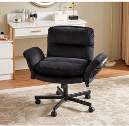 Velour Thick Cushioned Cross-Legged Office Chair in Black with Adjustable Padded Arms, Mid Back Vanity Chair for Bedroom
