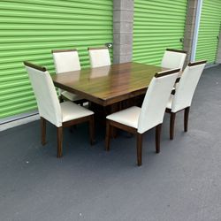 Wood Dining Table + 6 Chairs (Cream Upholstery)