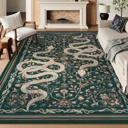 Washable Vintage Snake Pattern Non Slip Green Serpent 8 ft. x 10 ft. Living Room/Bedroom Indoor Area