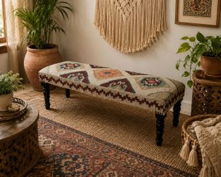 Boho Kilim upholstered wool jute Indian bench