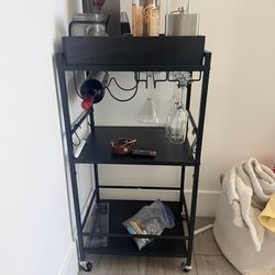 Black Metal 3-Tier Bar Cart with Wine Rack
