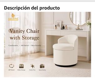 LUE BONA Vanity Stool with Storage, 360° Swivel Chenille Makeup Stool with Backrest, No Assembly Required, 38.6L Storage Capacity, Bedroom Ottoman Cha