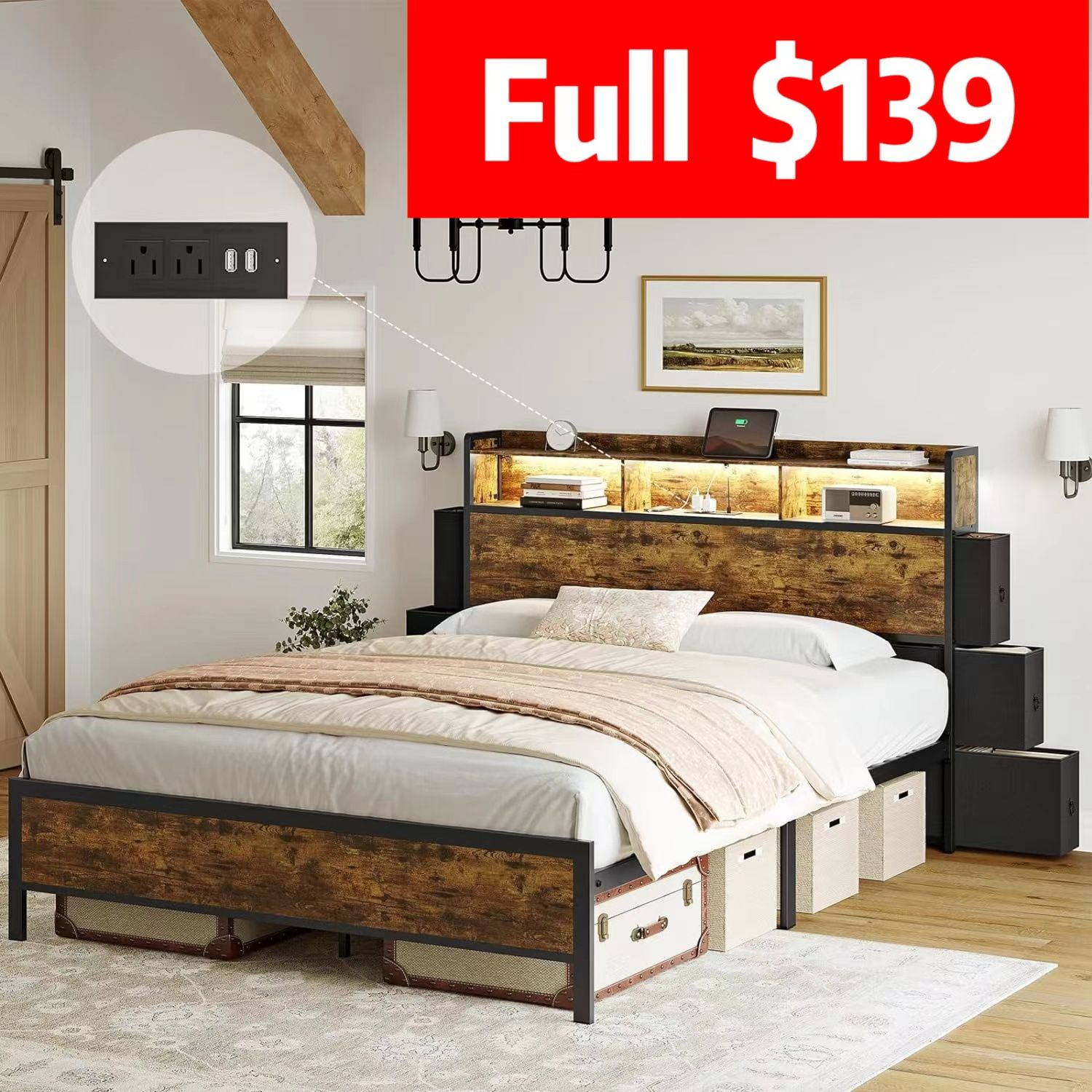 Full Bed Frame with Storage Headboard Metal Platform Bed with LED Lights USB Ports & Outlets