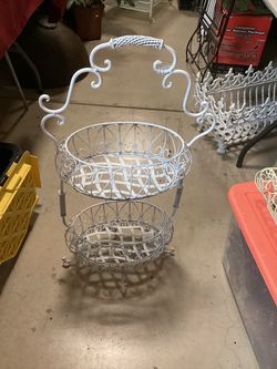 White Metal 2-Tier Wire Basket Stand