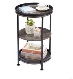 Round Side Table with 3 Shelves for Living Room, Bedroom Nightstand with Steel Frame for Small Spaces, Industrial Round Sofa Table (Classic, Grey) DUL