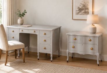 French Provincial Gray Desk & Petite Dresser Set