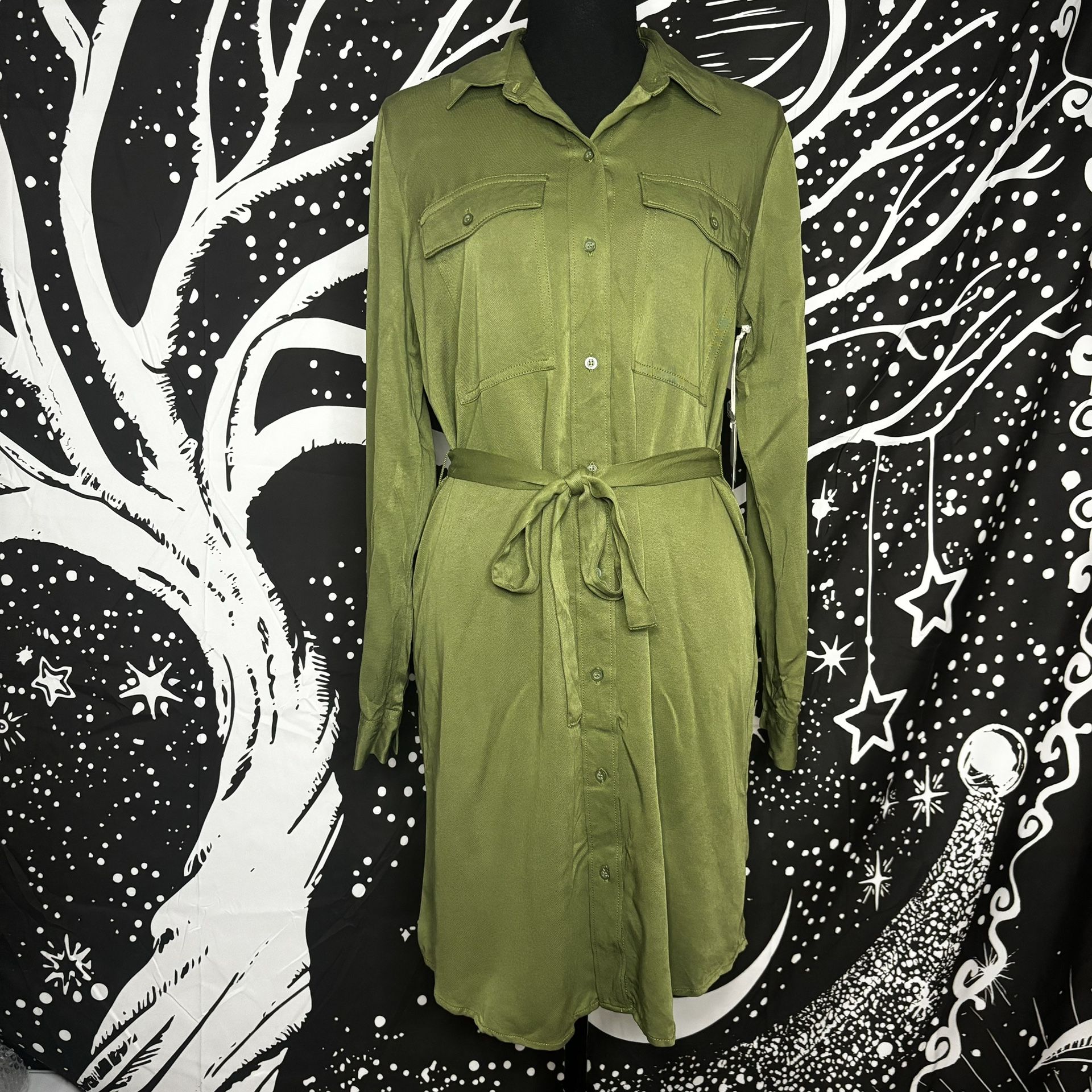 a.n.a Belted Long Sleeve Shirt Dress Green Oversized Utility Size Extra Small