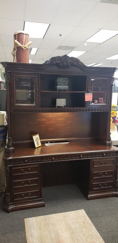 Solid Wood Rich Brown Finish Desk With Hutch