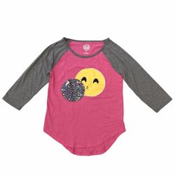 SO Girls 14 Raglan T-Shirt Pink Gray 3/4 Sleeve Flip Sequin Emoji Graphic