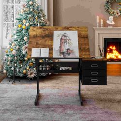 Black drafting drawing table with stool and 3 drawers