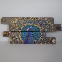 Hanging Necklace Jewerly Wall Organizer Peacock Painted Pallet Board Unique Art 
