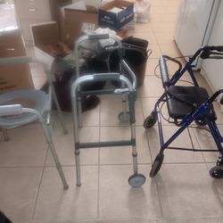 1 Drive Medical 4 Wheel walker With Seat And Breaks, 1 Foldable Walker 2 Wheels And A Portable Toilet